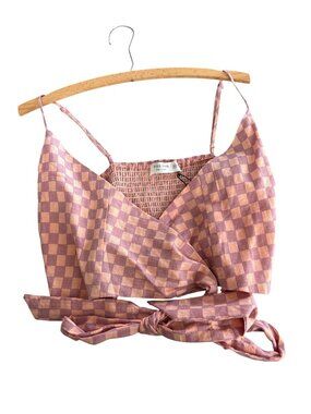 Miss Love Alessia Wrap Top Size Medium Checkered Crop Smocked Back Feminine NEW